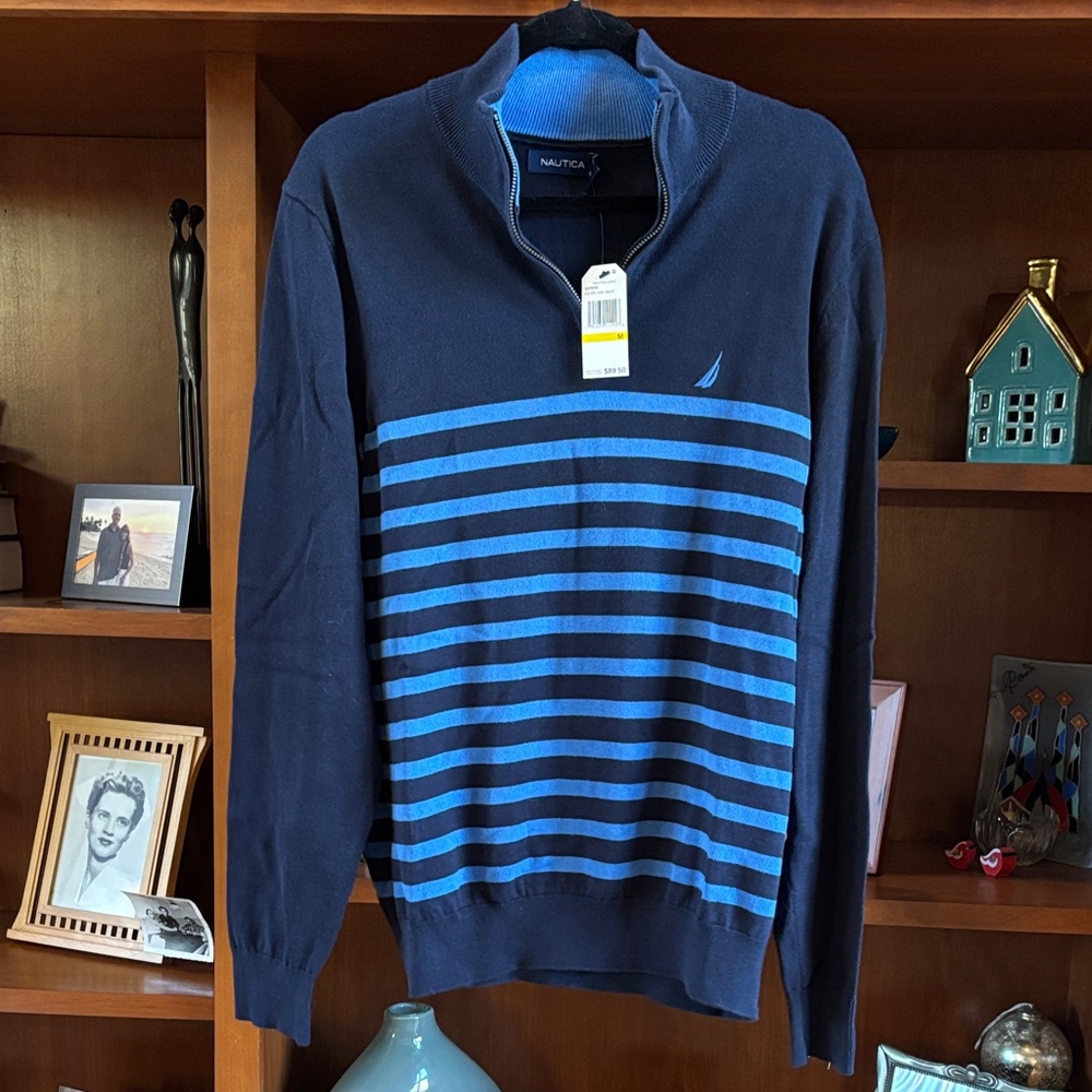 NWT Nautica Men’s 1/4 Zip Sweater 100% Cotton Navy/Royal Blue Size Medium